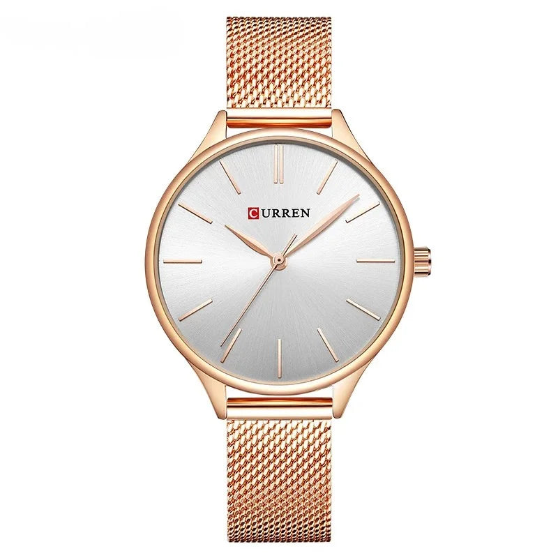 Relógio feminino minimalista com pulseira em malha de aço