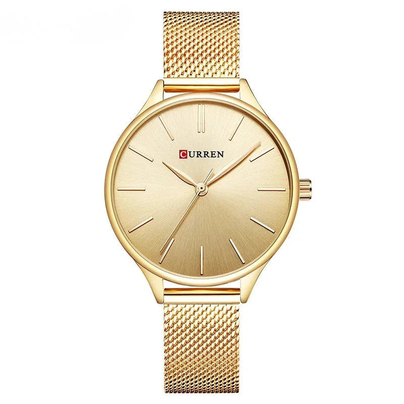 Relógio feminino minimalista com pulseira em malha de aço
