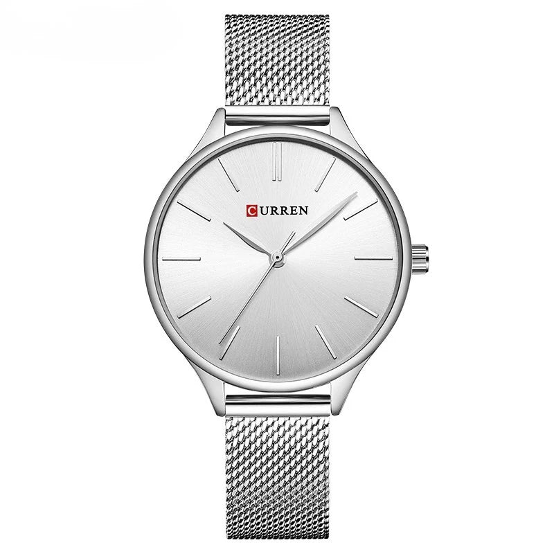 Relógio feminino minimalista com pulseira em malha de aço