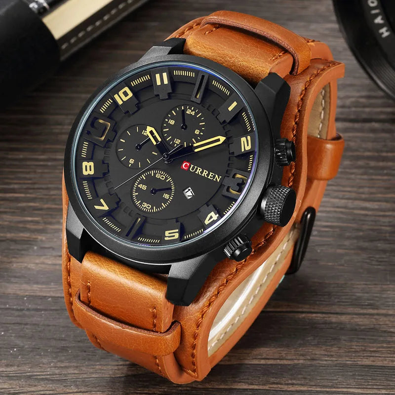 Relógio masculino com pulseira militar em couro