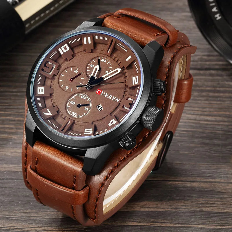 Relógio masculino com pulseira militar em couro