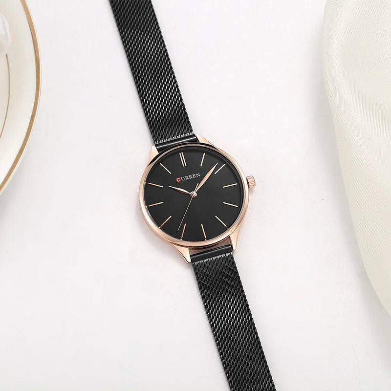Relógio feminino minimalista com pulseira em malha de aço