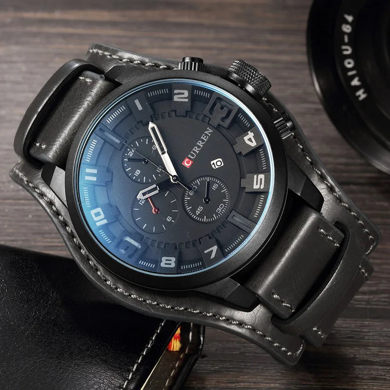 Relógio masculino com pulseira militar em couro