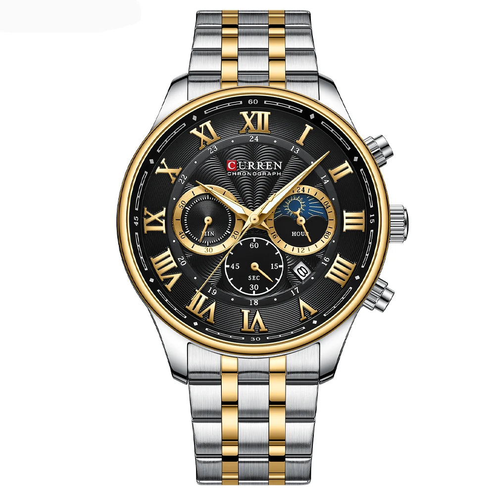Relógio masculino fases da lua com pulseira em aço