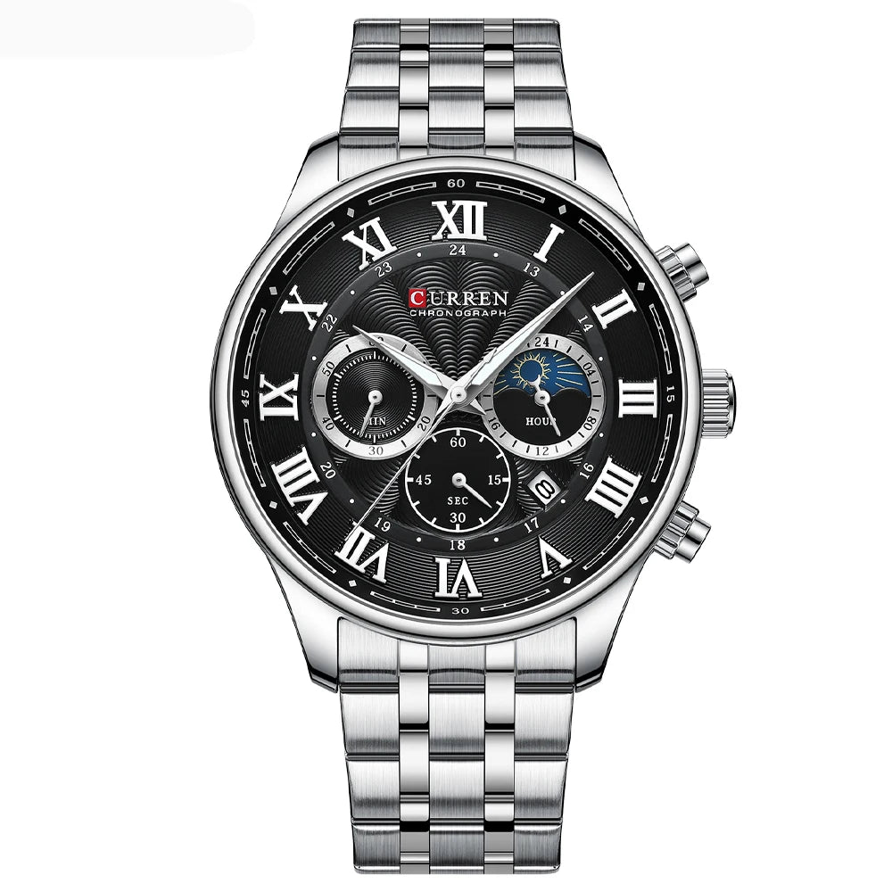 Relógio masculino fases da lua com pulseira em aço