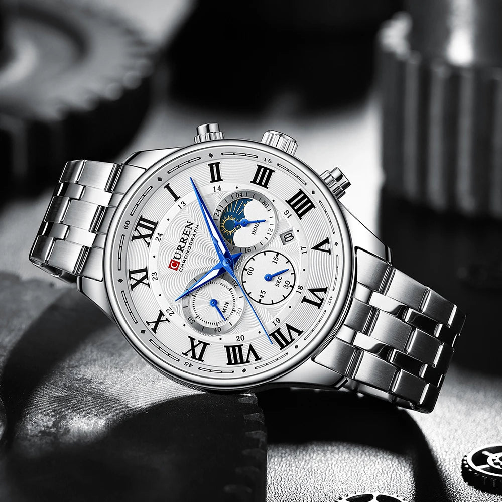 Relógio masculino fases da lua com pulseira em aço