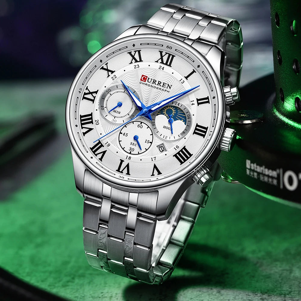Relógio masculino fases da lua com pulseira em aço