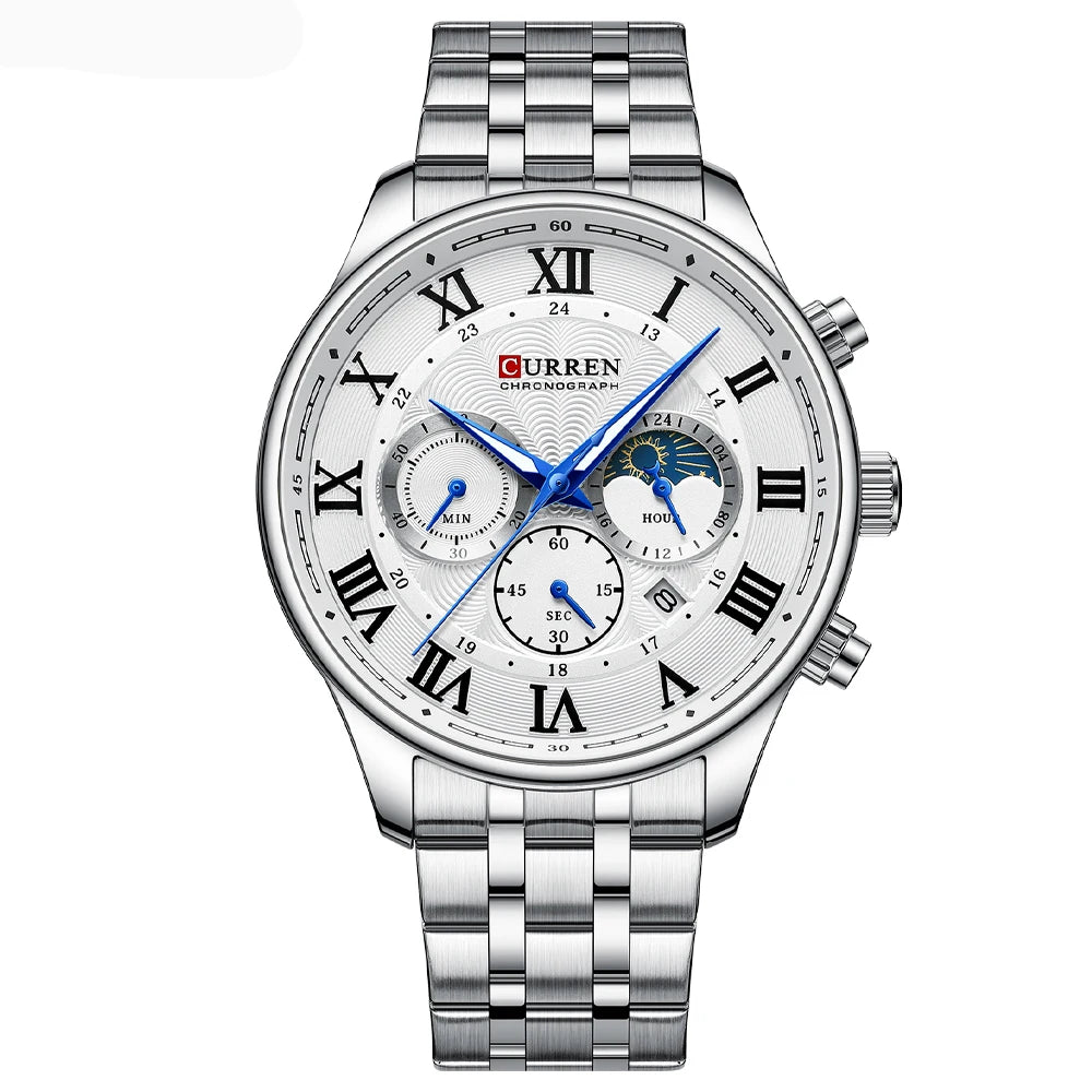 Relógio masculino fases da lua com pulseira em aço