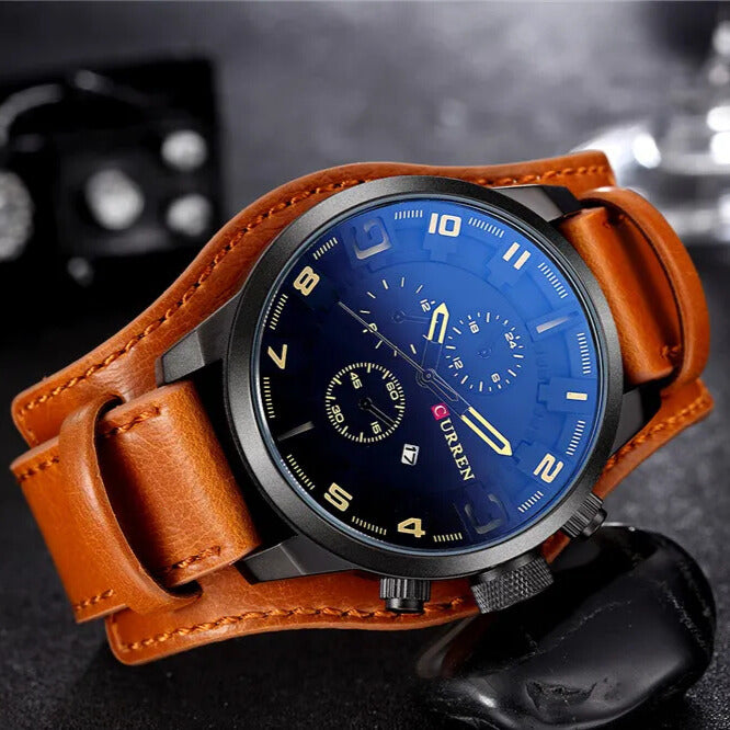 Relógio masculino com pulseira militar em couro