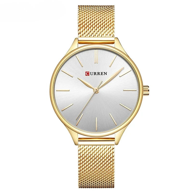 Relógio feminino minimalista com pulseira em malha de aço