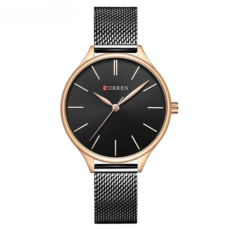 Relógio feminino minimalista com pulseira em malha de aço