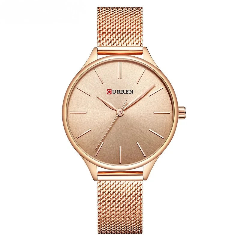 Relógio feminino minimalista com pulseira em malha de aço