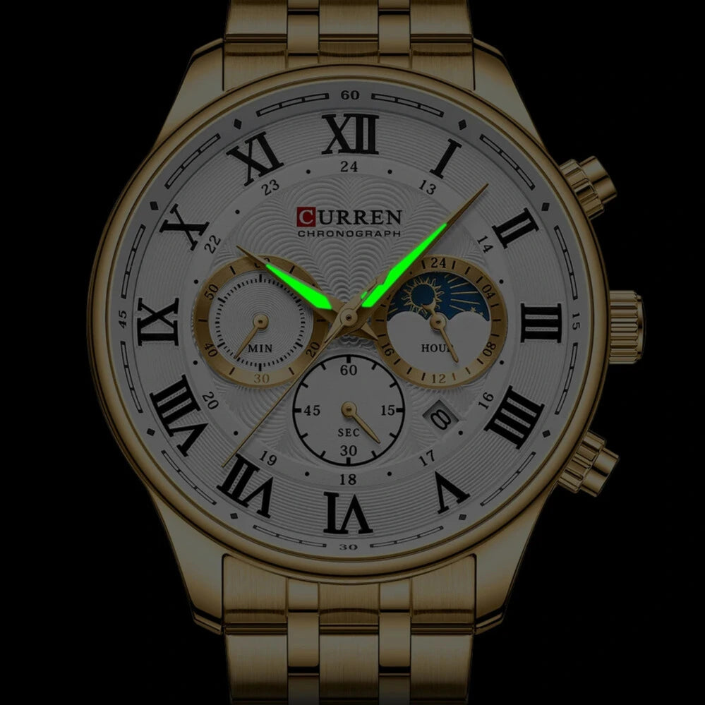 Relógio masculino fases da lua com pulseira em aço