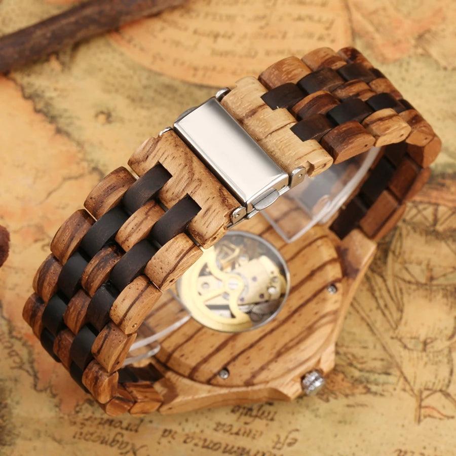 Men Mechanical Retro Ebony Wooden Automatic Watch for Men Golden Skeleton Arabic Numerals Adjustable Wooden Band Wristwatches - Arara Verde