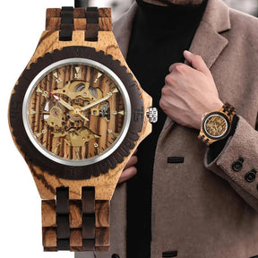 Men Mechanical Retro Ebony Wooden Automatic Watch for Men Golden Skeleton Arabic Numerals Adjustable Wooden Band Wristwatches - Arara Verde