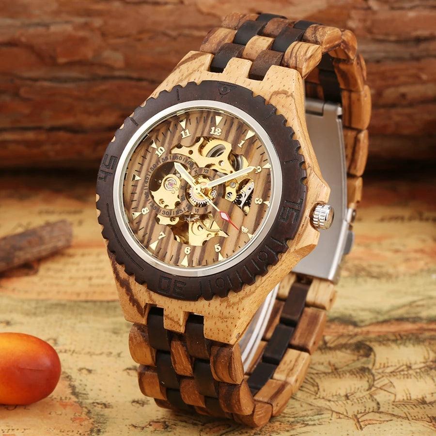 Men Mechanical Retro Ebony Wooden Automatic Watch for Men Golden Skeleton Arabic Numerals Adjustable Wooden Band Wristwatches - Arara Verde