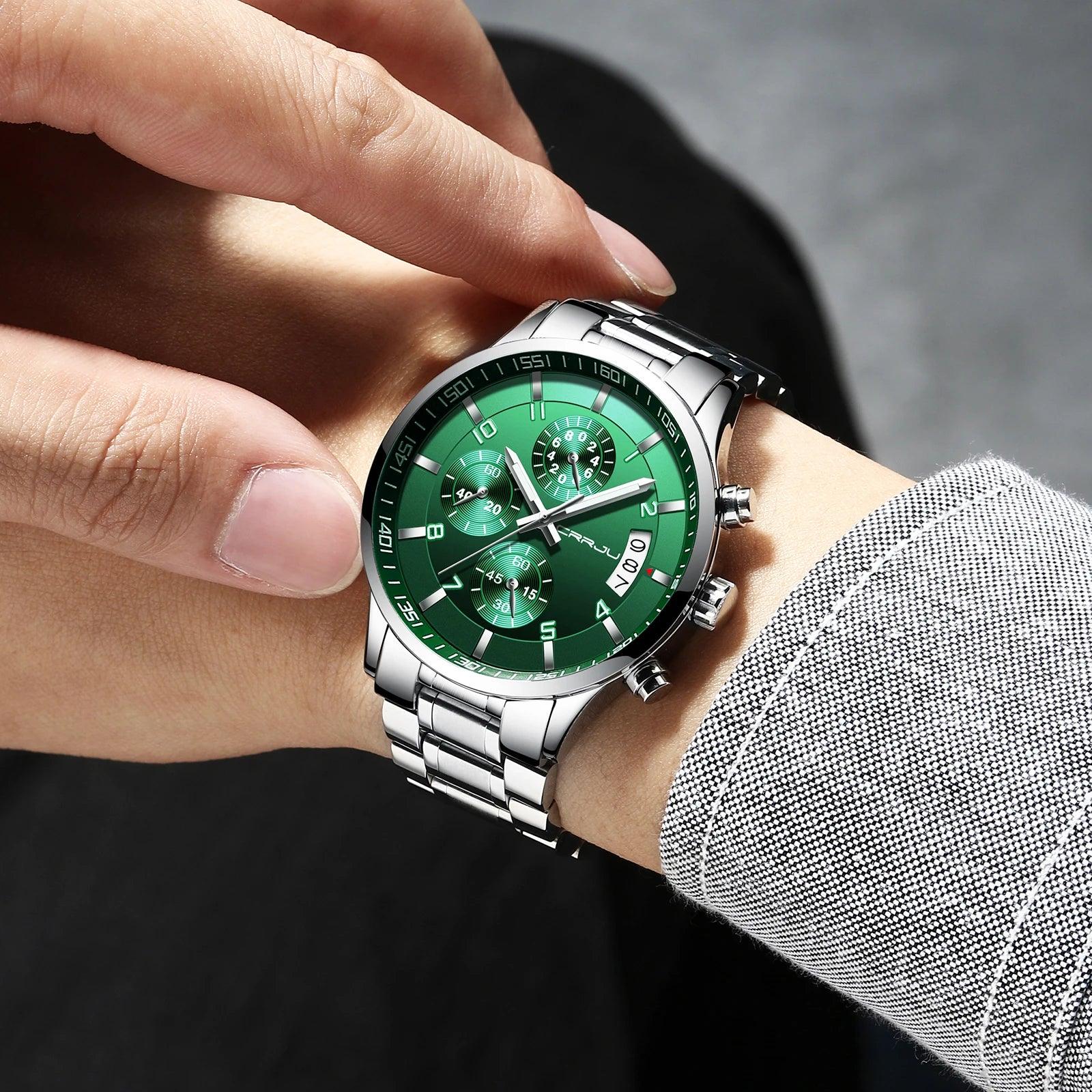 Fashion Mens Watch CRRJU Luxury Stainless Steel Quartz Watch for Men Business Chronograph Waterproof Watches relogio masculino - Arara Verde