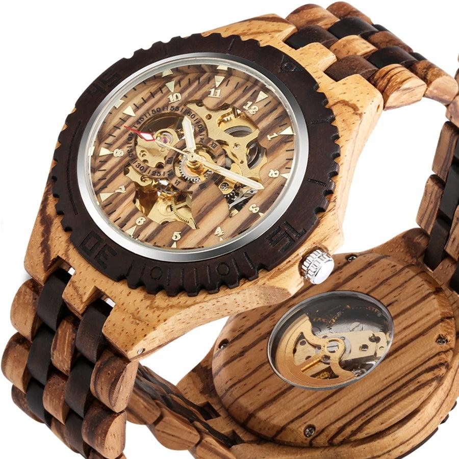 Men Mechanical Retro Ebony Wooden Automatic Watch for Men Golden Skeleton Arabic Numerals Adjustable Wooden Band Wristwatches - Arara Verde