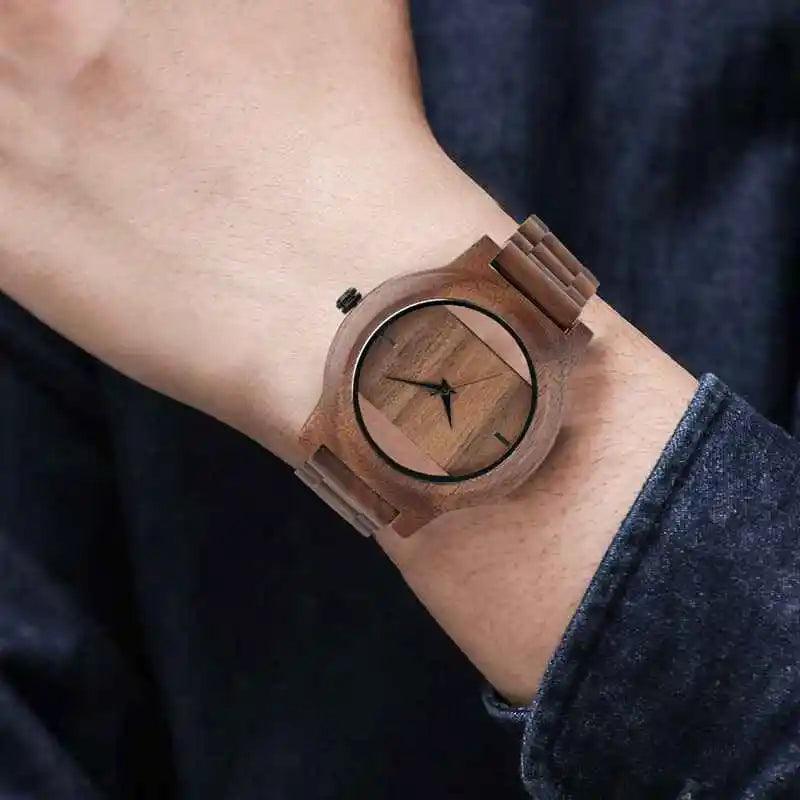 Unique Hollow Dial Men Women Natural Wood Watch with Full Wooden Bamboo Bangle Quartz Wristwatch Novel Handmade Clock Gifts Item - Arara Verde