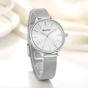 Relógio feminino minimalista com pulseira em malha de aço