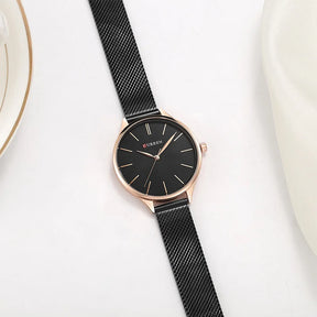 Relógio feminino minimalista com pulseira em malha de aço