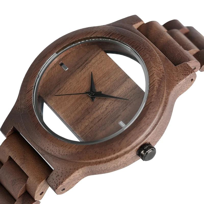 Unique Hollow Dial Men Women Natural Wood Watch with Full Wooden Bamboo Bangle Quartz Wristwatch Novel Handmade Clock Gifts Item - Arara Verde