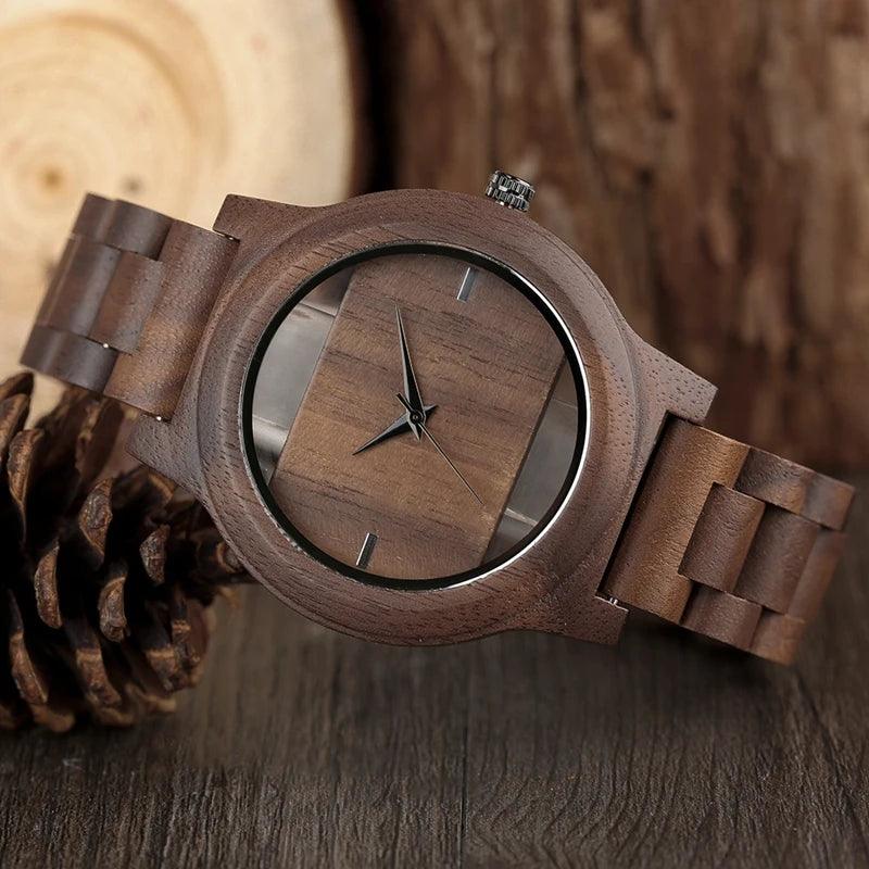 Unique Hollow Dial Men Women Natural Wood Watch with Full Wooden Bamboo Bangle Quartz Wristwatch Novel Handmade Clock Gifts Item - Arara Verde