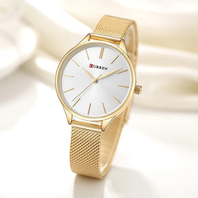 Relógio feminino minimalista com pulseira em malha de aço