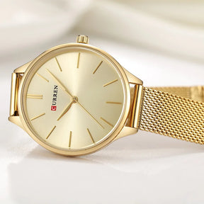 Relógio feminino minimalista com pulseira em malha de aço