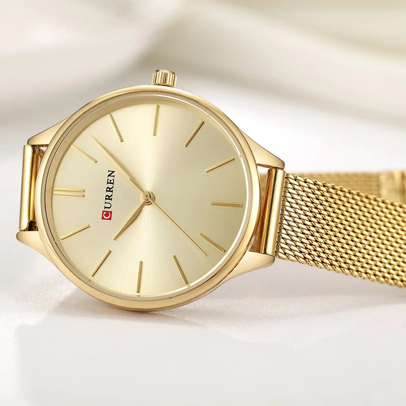 Relógio feminino minimalista com pulseira em malha de aço