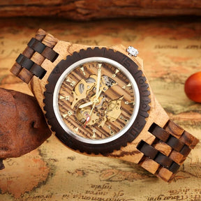 Men Mechanical Retro Ebony Wooden Automatic Watch for Men Golden Skeleton Arabic Numerals Adjustable Wooden Band Wristwatches - Arara Verde