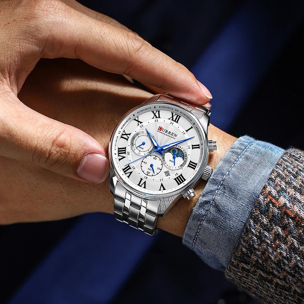 Relógio masculino fases da lua com pulseira em aço