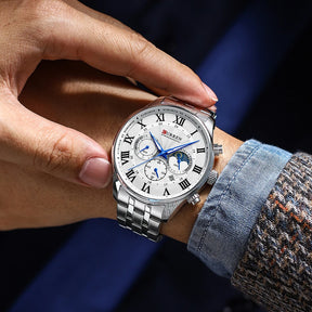 Relógio masculino fases da lua com pulseira em aço
