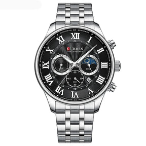 Relógio masculino fases da lua com pulseira em aço