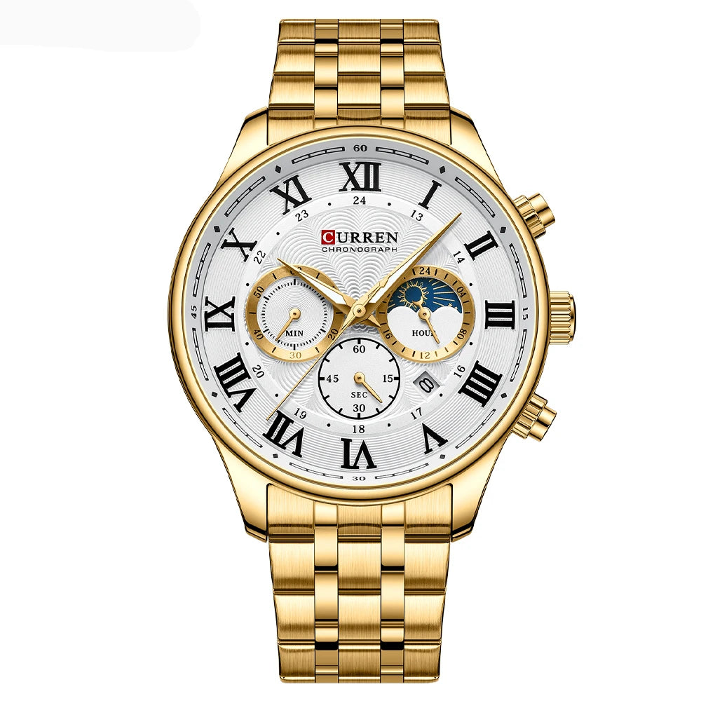 Relógio masculino fases da lua com pulseira em aço