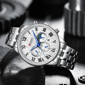 Relógio masculino fases da lua com pulseira em aço