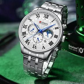 Relógio masculino fases da lua com pulseira em aço