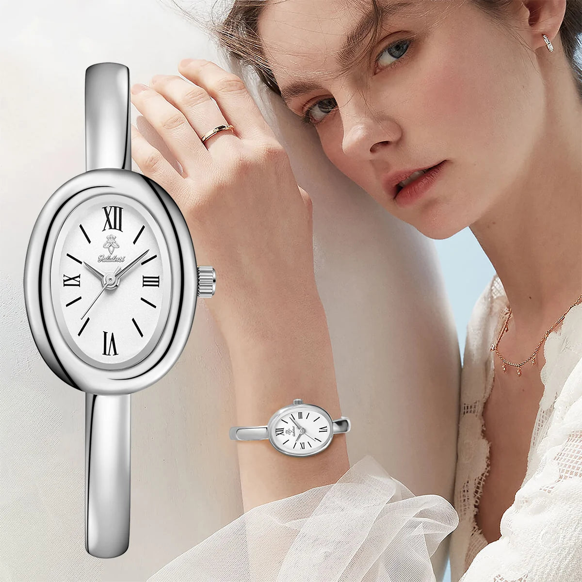 Bracelete relógio feminino caixa oval com pulseira de 5mm