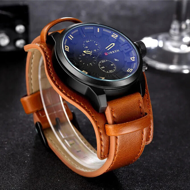 Relógio masculino com pulseira militar em couro