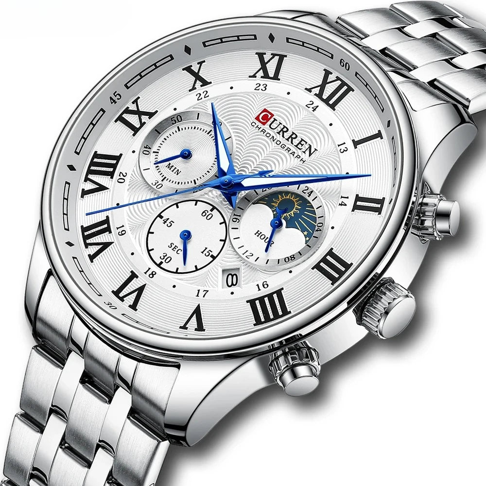 Relógio masculino fases da lua com pulseira em aço