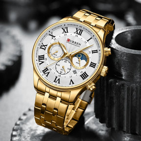 Relógio masculino fases da lua com pulseira em aço
