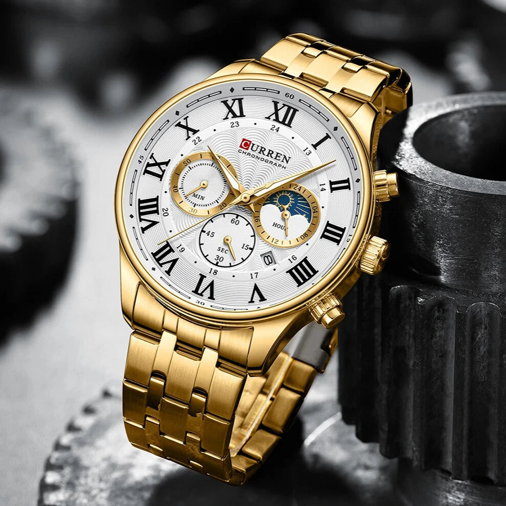 Relógio masculino fases da lua com pulseira em aço